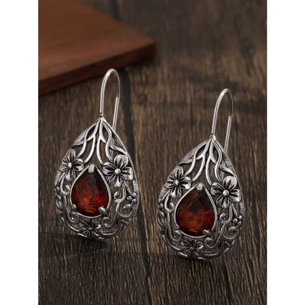 Ruby Vintage-Inspired Bohemian Filigree Earrings Hollowed Floral Design Teardrop